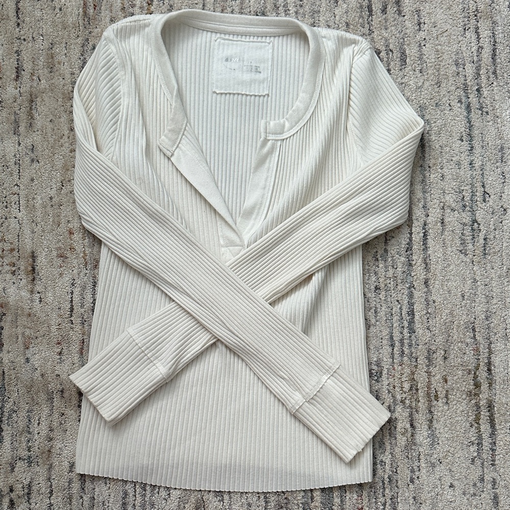 Aerie Cream Ribbed Long Sleeve Top